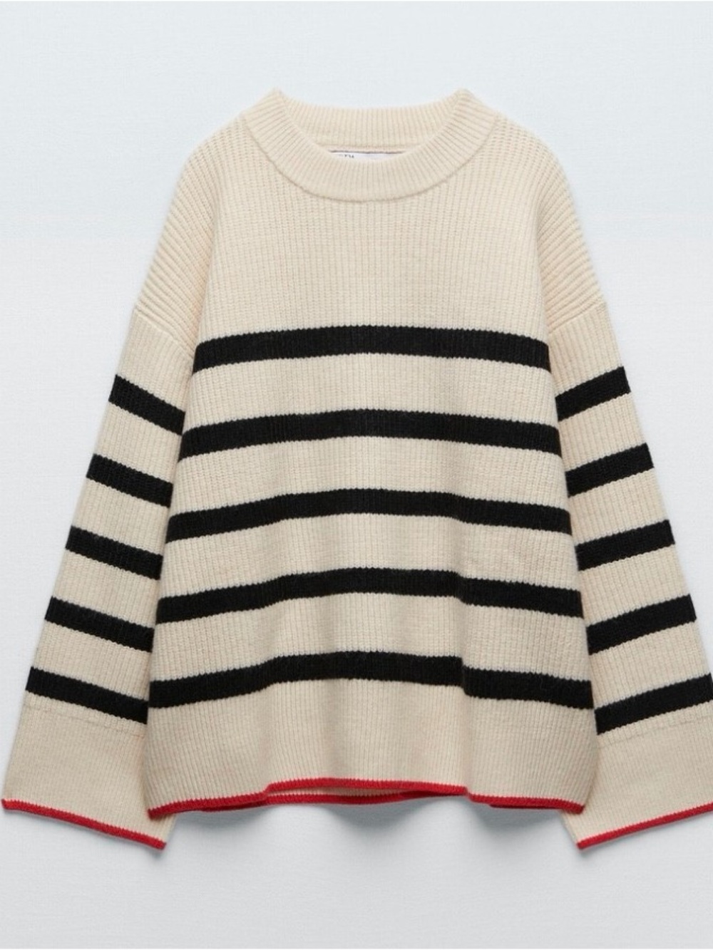 Zara Cream and Black Striped Crewneck Sweater with Red Hem